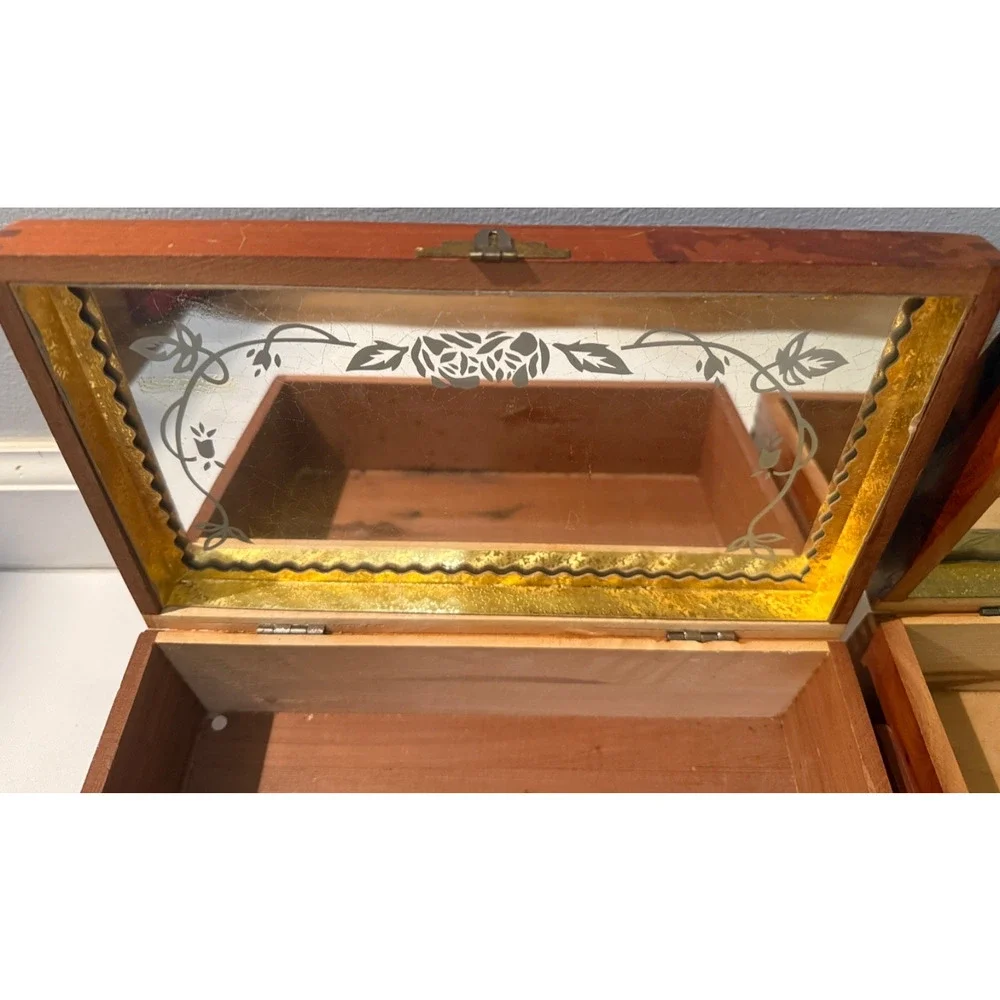 Vintage Hand Carved Cedar Trinket Jewelry Box Lot of 2 Glass Lid Wood Keepsake C